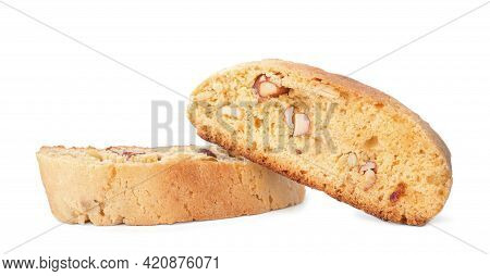 Slices Of Tasty Cantucci With Pistachio On White Background. Traditional Italian Almond Biscuits