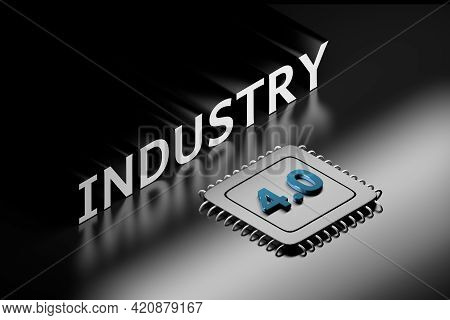 Large Bold Word Industry 4.0 With Large Processor On Dark Background. 3d Illustration.
