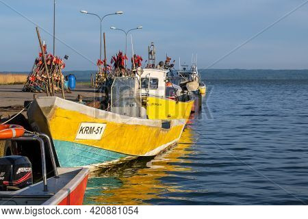 Krynica Morska, Poland - May 15, 2021: Fishing Boats Docked In Port Of Krynica Morska On Vistula Spi