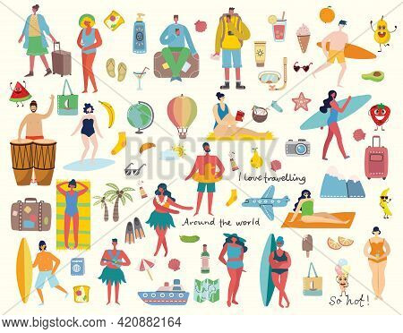 Set Of Different Vector Summer Travel People And Icons In The Flat Stye