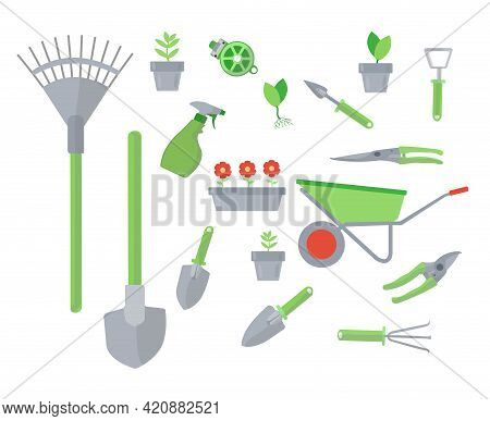 A Set Of Items For Gardening. Gardening Tools. Vector Illustration In A Flat Style.