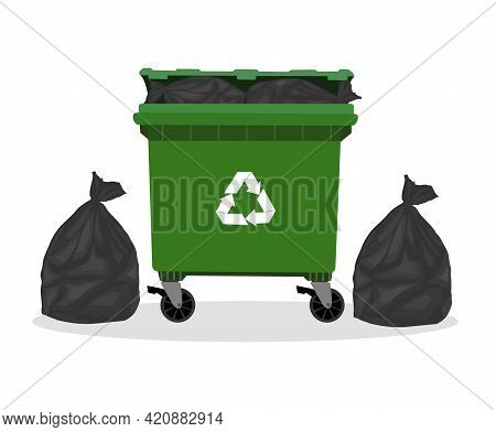 Street Trash Can Filled With Waste Bags. Flat Vector Illustration.