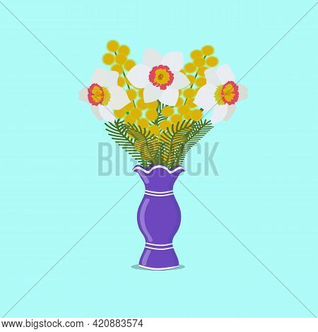 Spring Flowers In A Vase. Daffodils With Mimosa.
