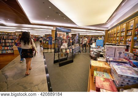 SINGAPORE - CIRCA JANUARY, 2020: interior shot of Books Kinokuniya store, Singapore largest bookstore. The store offering books, magazines, music, CD, Manga and much more.