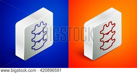 Isometric Line Human Spine Icon Isolated On Blue And Orange Background. Silver Square Button. Vector