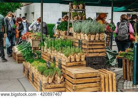 Prague, Czech Republic - May 15, 2021.traditional Farmers Market In Quarter Of Dejvice.seller And Cu