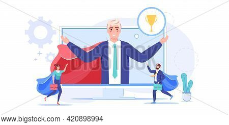 Vector Cartoon Flat Office Worker Superhero Character.successful Happy Employee Super Hero Controls 