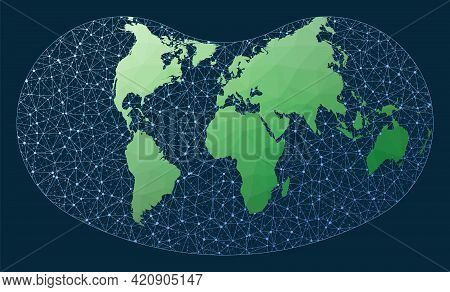Internet And Global Connections Map. Hill Projection. Green Low Poly World Map With Network Backgrou