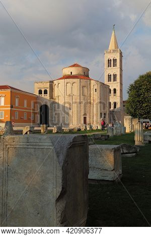 Zadar, Croatia - September 14, 2016: These Are The Ruins Of The Ancient Roman Forum, The Church Of S
