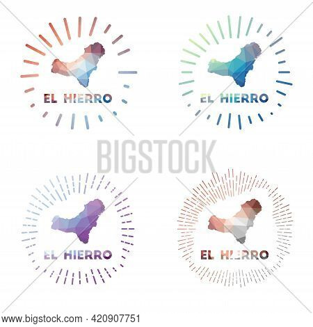 El Hierro Low Poly Sunburst Set. Logo Of Island In Geometric Polygonal Style. Vector Illustration.