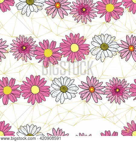 Vector White Background Pink Daisy Flowers And Wild Flowers. Seamless Pattern Background