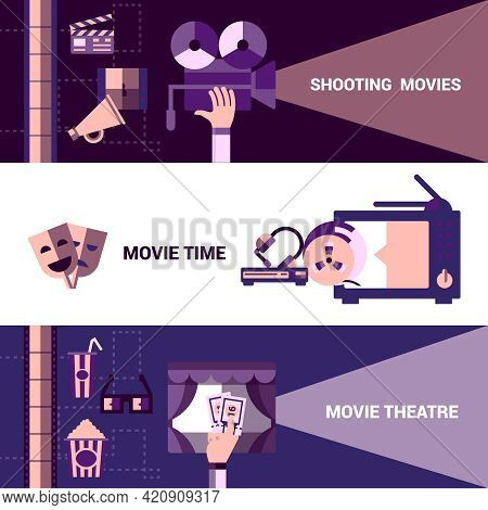 Flat Horizontal Cinema Banners With Shooting Moives And Moive Theatre Icons Vector Illustration