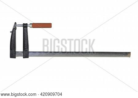 Carpenter's Clamp Used In A Carpentry Shop. Metal Joinery Accessories.