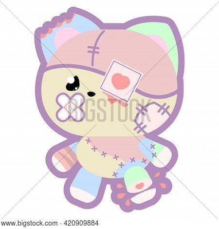 Pink Suffering Character With Injured Heart In Yami Kawaii Style Isolated On White Background. Japan