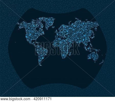 Network Map Of The World. Larrivee Projection. World Network. Radiant Connections Map. Vector Illust