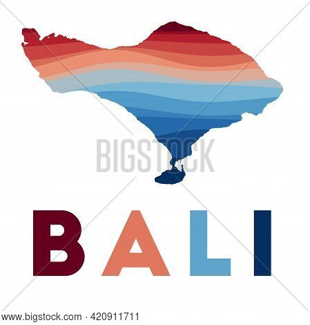 Bali Map. Map Of The Island With Beautiful Geometric Waves In Red Blue Colors. Vivid Bali Shape. Vec