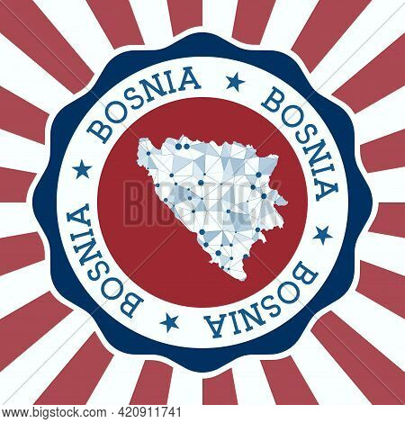 Bosnia Badge. Round Logo Of Country With Triangular Mesh Map And Radial Rays. Eps10 Vector.