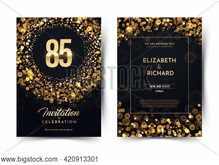 85th Years Birthday Vector Black Paper Luxury Invitation Double Card. Eighty Five Years Wedding Anni