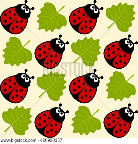 Ladybug Nature Background Seamless Vector Pattern. Spring Repeating Textile Texture. Summer Fabric D