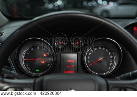 Novosibirsk, Russia - May 16, 2021: Opel Mokka, New Car Interior Details. Speedometer, Tachometer An