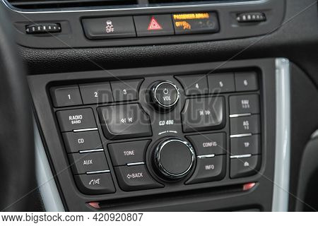 Novosibirsk, Russia - May 16, 2021: Opel Mokka,  Black Car Interior: Radio, Audio System And Control