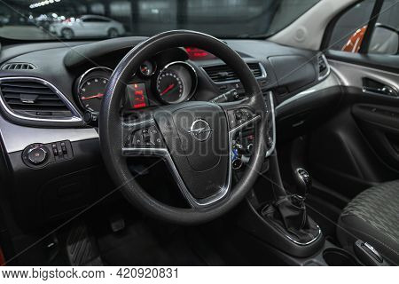 Novosibirsk, Russia - May 16, 2021: Opel Mokka, Interior Of New Modern Suv Car With Automatic Transm