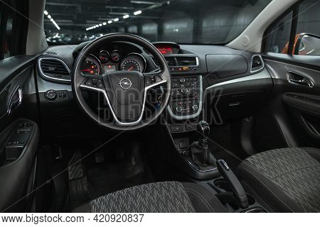Novosibirsk, Russia - May 16, 2021: Opel Mokka, Steering Wheel, Shift Lever, Multimedia  Systeme, Dr