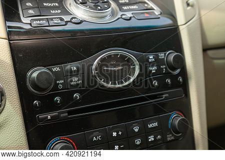 Novosibirsk, Russia - May 16, 2021: Infiniti Qx,  Black Car Interior: Radio,audio System  And Contro