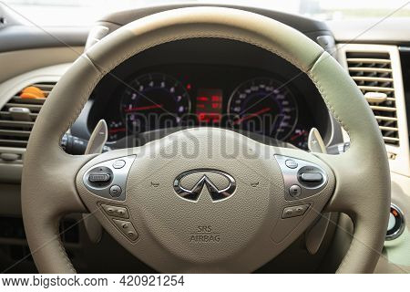 Novosibirsk, Russia - May 16, 2021: Infiniti Qx, Interior Of New Modern Suv Car With Automatic Trans