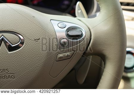 Novosibirsk, Russia - May 16, 2021: Infiniti Qx, Vehicle Interior Of A Modern Car With Voice Control