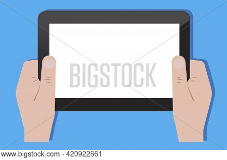 Tablet In Hand. Smart Device. Digital Communication. Hand Touch Screen Icon. Stock Image. Vector Ill