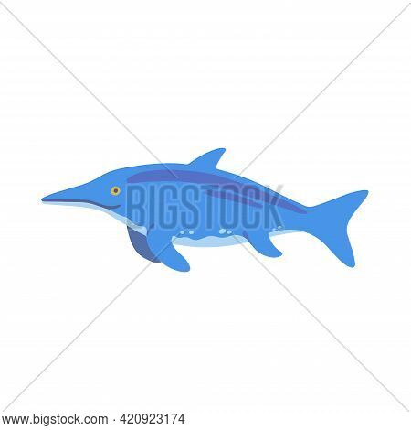 Cute Cartoon Doodle Ichtiosaurus, Isolated On White Background.