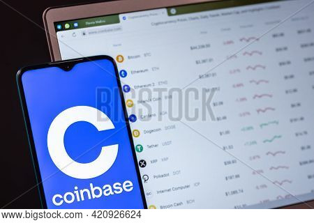 Kazan, Russia - May 17, 2021: Coinbase, Is An American Company That Operates A Cryptocurrency Exchan