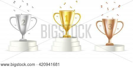 Winners Podium With Gold, Silver And Bronze Cups 3d Illustration With Confetti, First Second And Thi