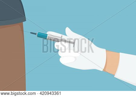 Doctor In Gloves Administer Vaccine. Cartoon Style. Vector Illustration.