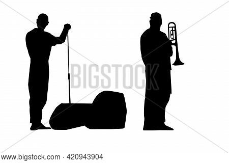 Black Silhouettes Of A Rock Singer With A Microphone Stand In His Hand And A Trumpeter With A Trumpe