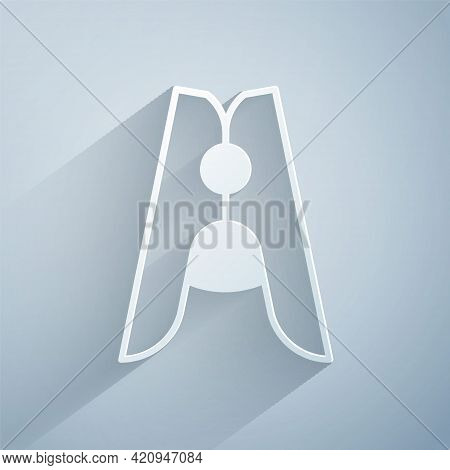 Paper Cut Old Wood Clothes Pin Icon Isolated On Grey Background. Clothes Peg. Paper Art Style. Vecto