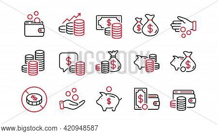Coins Line Icons. Cash Money, Donation Coins, Give Tips Icons. Piggy Bank, Business Income, Loan. Mo