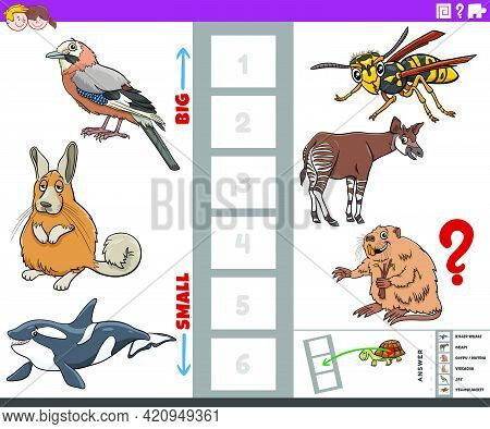 Cartoon Illustration Of Educational Game Of Finding The Biggest And The Smallest Animal Species With