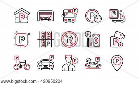 Parking Line Icons. Garage, Valet Servant And Paid Parking. Car Transport Park Place Linear Icon Set
