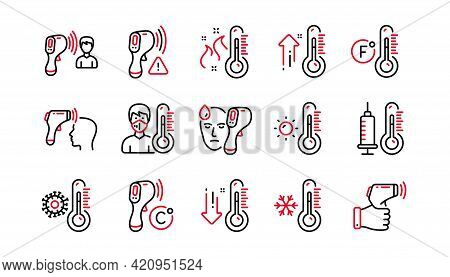 Temperature Line Icons. Fever Diagnostic, Thermometer And Check Body Temperature. Coronavirus Contro