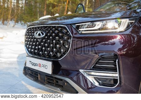 Moscow, Russia - March 18, 2021: Headlights Of The New Seven-seater Minivan Chery Tiggo 8 Pro. Led O