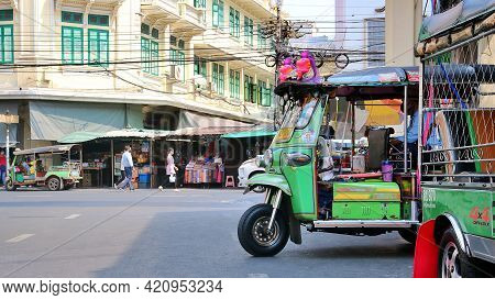 Bangkok, Thailand : March 1, 2021 - Tuk-tuk Car Or 3 Wheeler Taxi Is Waiting For Passengers To Servi