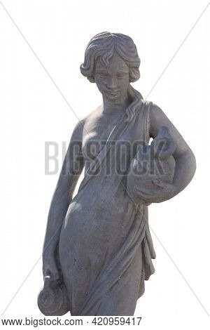 Stone sculpture of woman looking down holding vase on white background. art and classical style romantic figurative stone sculpture.