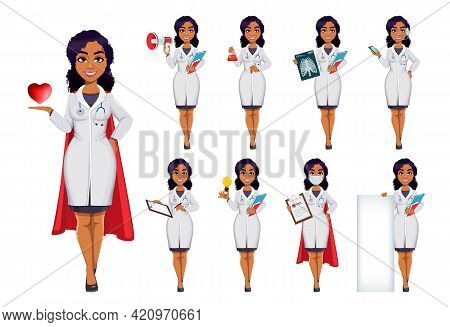 Medicine And Pandemic Concept. African American Female Doctor Wearing White Coat With Stethoscope. A