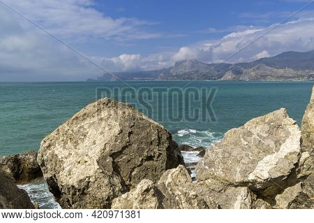 Seascape. View From The Foot Of Cape Alchak Towards The Village Of Novyy Svet. Sudak, Crimea, End Of