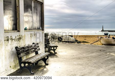 Bench On The Beach At Sunset In Arcozelo Village, Porto, Portugal