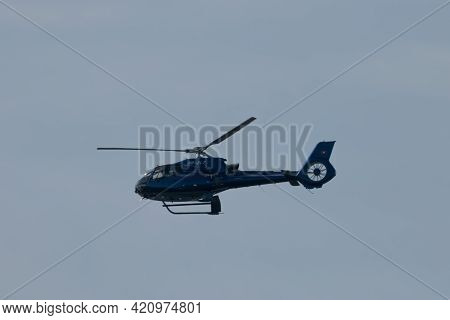 Eurocopter Ec-130 B4 In The Air At The Airport Saint Gallen Altenrhein In Switzerland 21.4.2021