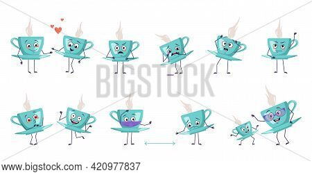 Set Of Cute Characters Teacup And Saucer With Emotions, Face, Arms And Legs. Smiling Or Sad Dishes W