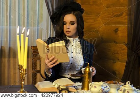 Portrait Of Sexy Brunette Girl In Village Dress Picking Colorful Kidney Beans On Table In Village En
